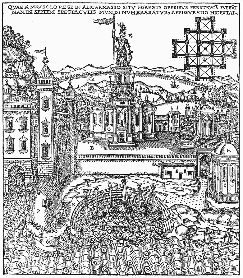 Harbour and mausoleum at Halicarnassus, engraving from a drawing by Cesare Cesariano, from De Architectura libri dece traducti de latino in vulgare (The Ten Books on Architecture translated from Latin to vulgar), Volume II, by Lucius Vitruvius Pollio (Como 1521)