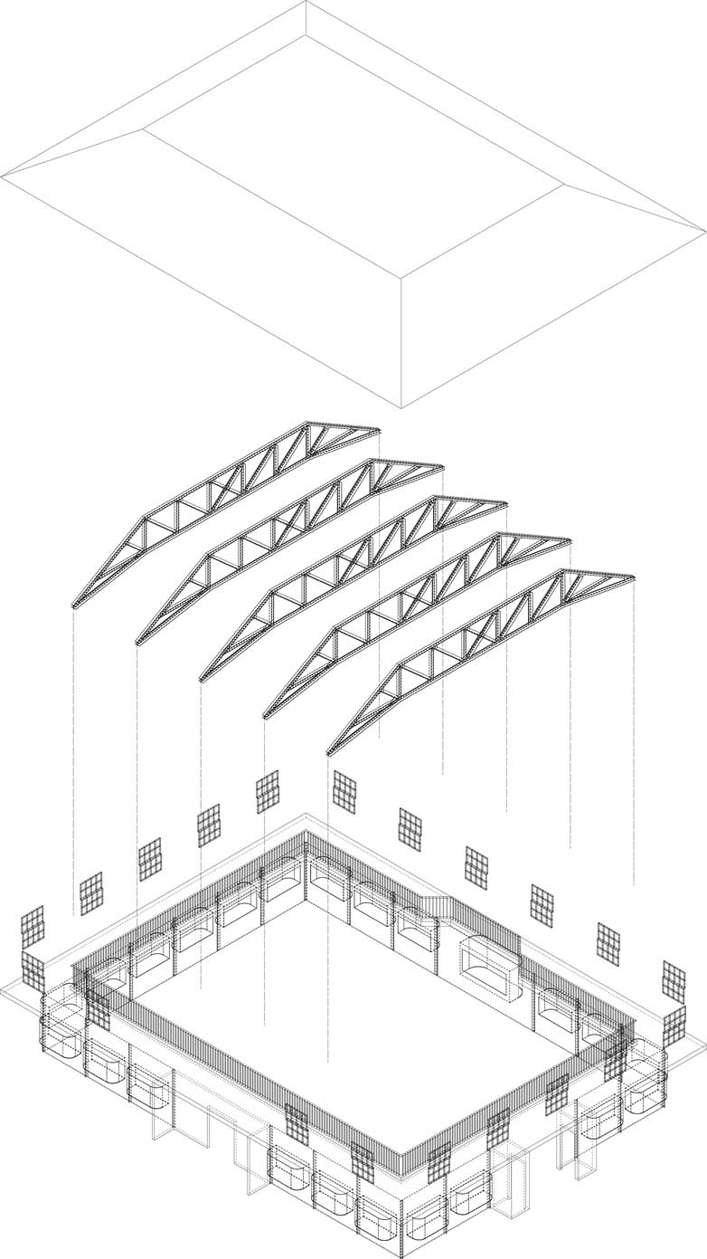 Isometric view showing soffit, roof structure and galleries, with individual housings for each diorama at the lowest level.